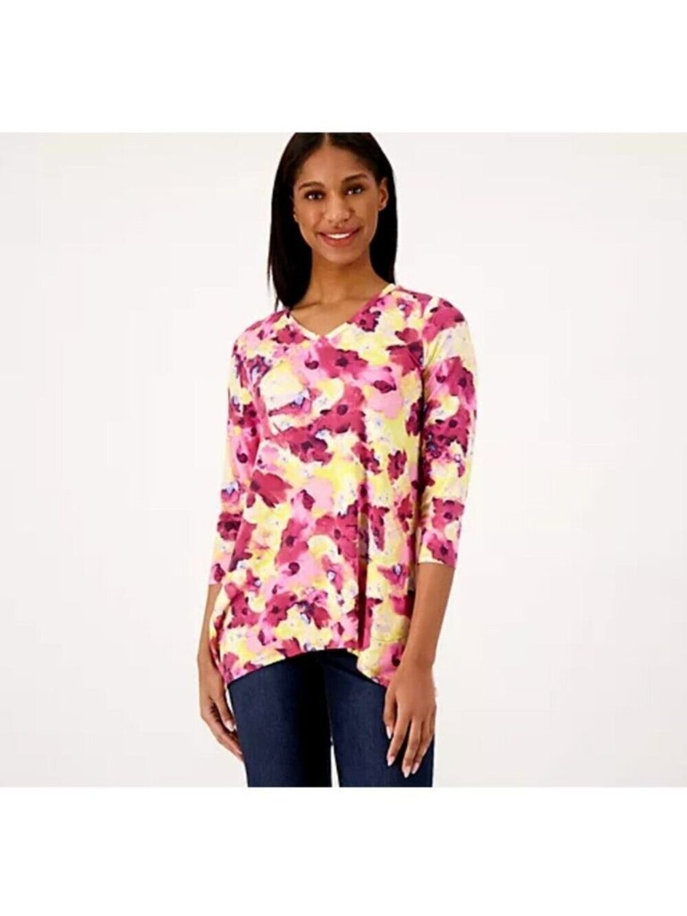 LOGO Lori Goldstein Tunic Women 4X Rayon Printed Sharkbite Pink Floral A598790